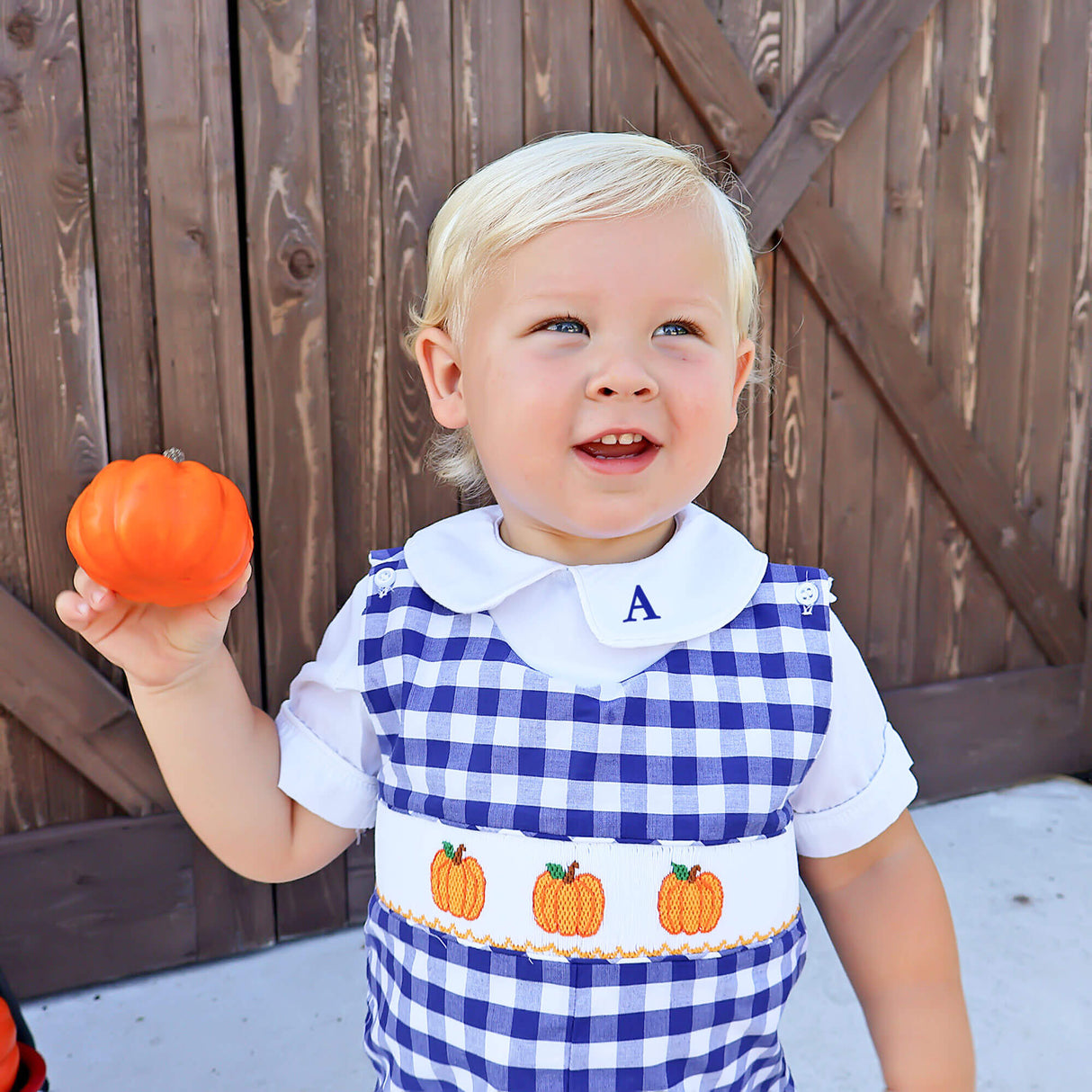 Pumpkin Smocked Navy Check Jon Jon