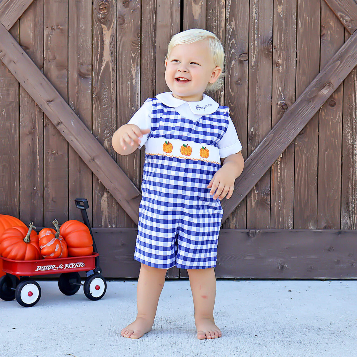 Pumpkin Smocked Navy Check Jon Jon