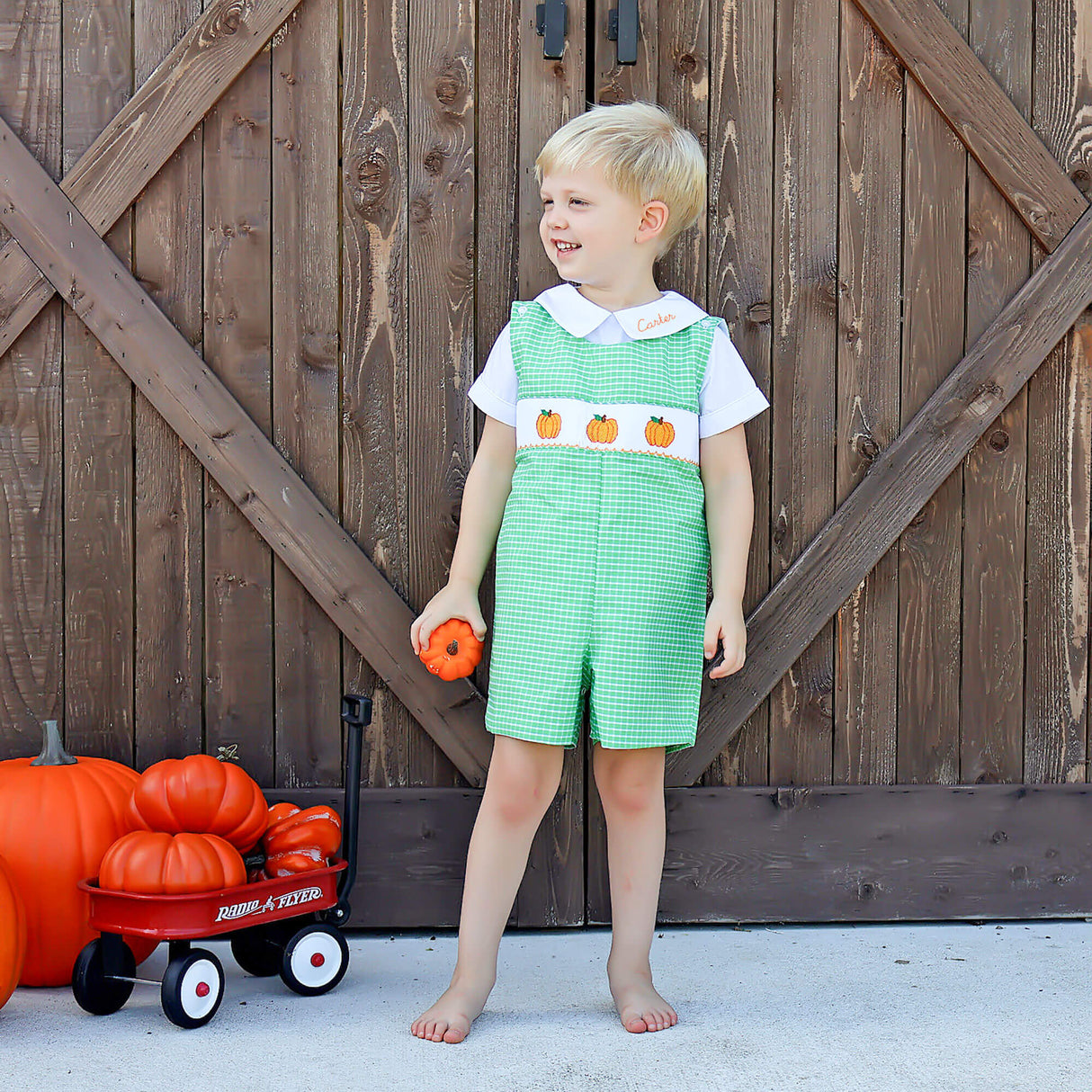 Paradise Pumpkin Smocked Green Windowpane Jon Jon