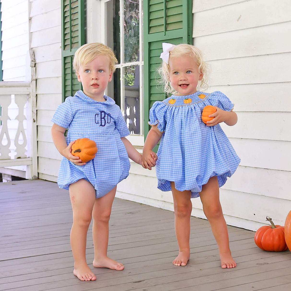 Pumpkin Trio Smocked French Blue Windowpane Bishop Bubble