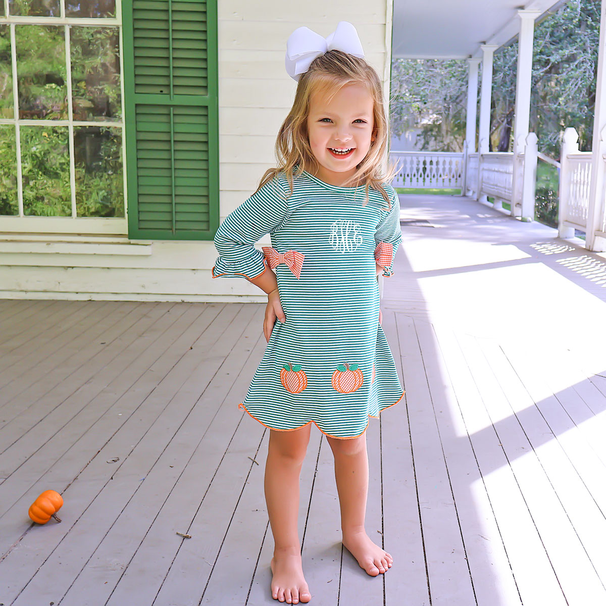 Fall Pumpkin Green Stripe Cleo Dress