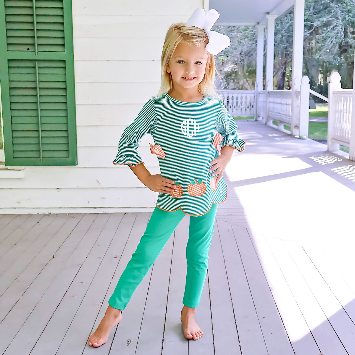 Fall Pumpkin Green Stripe Cleo Legging Set