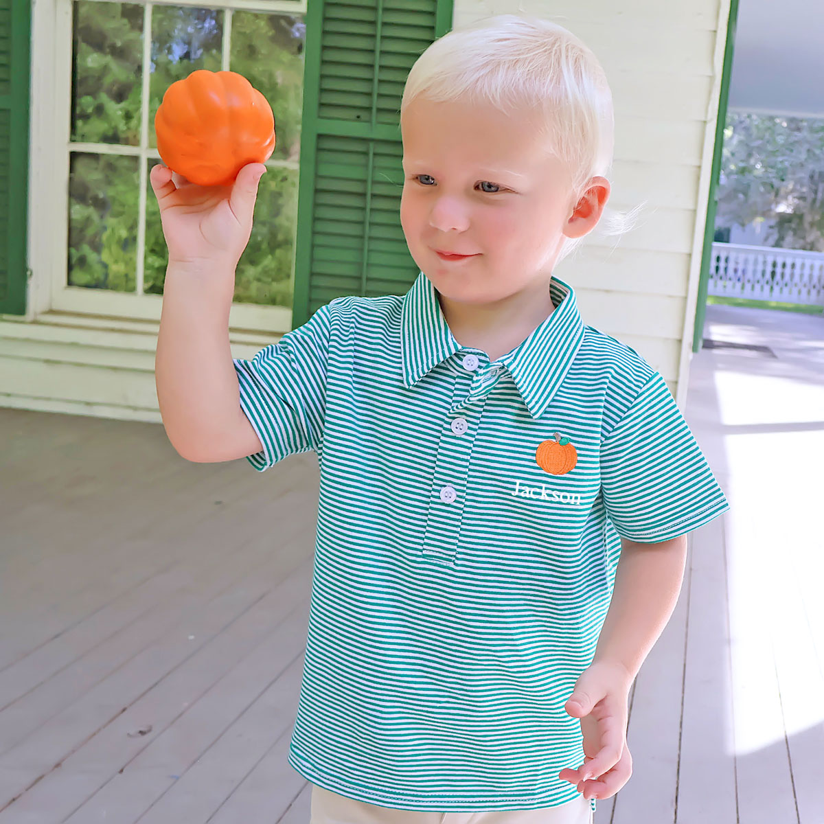 Pumpkin Embroidered Green Stripe Polo Shirt