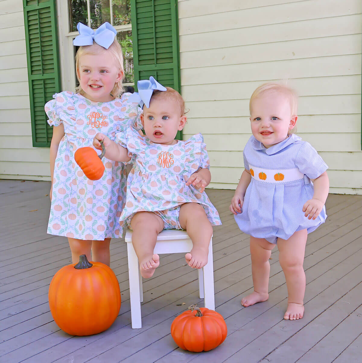 Harvest Pumpkin Smocked Light Blue Gingham Collared Bubble