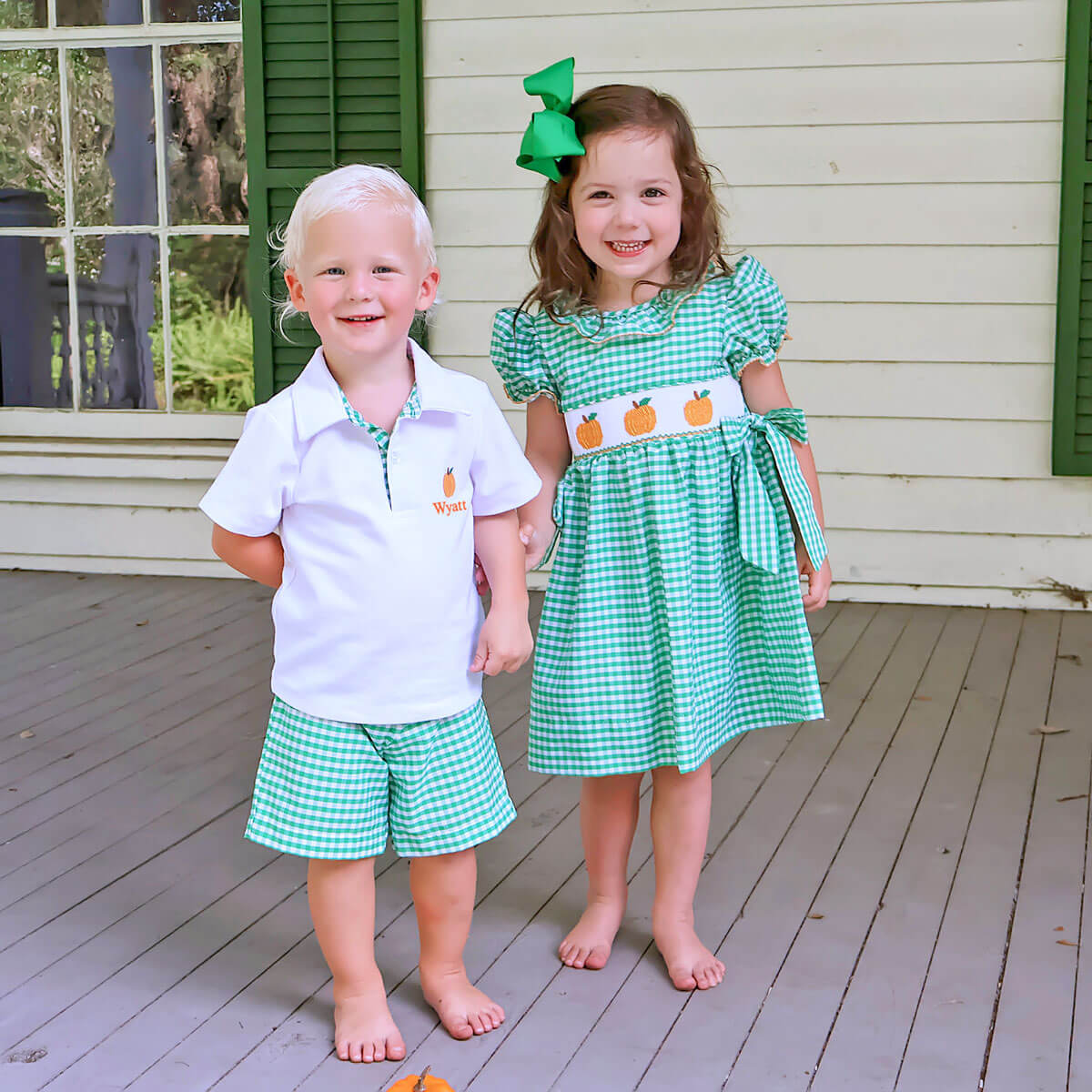 Green Check Pumpkin Embroidered Polo Short Set