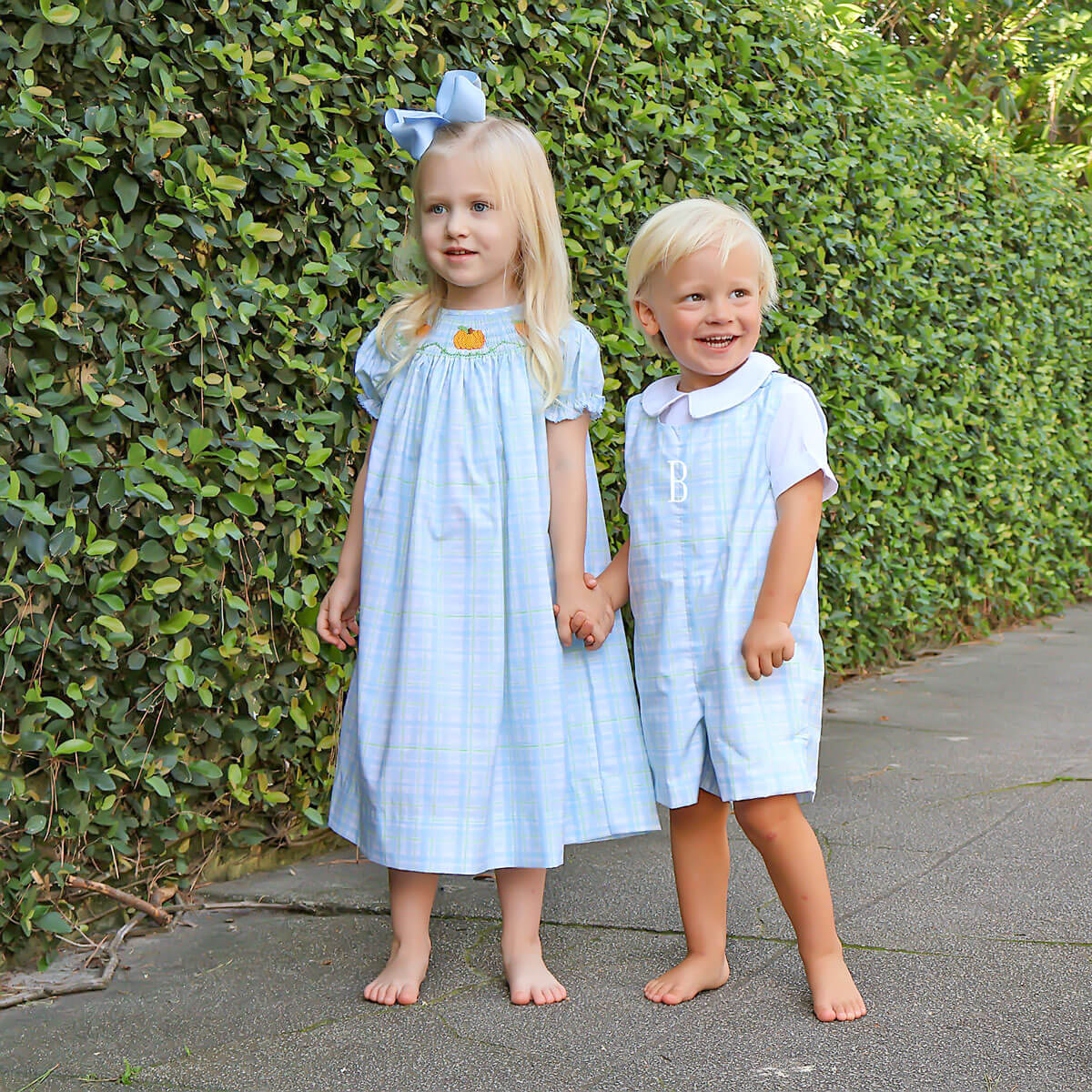 Pumpkin Smocked Blue & Green Plaid Bishop Dress