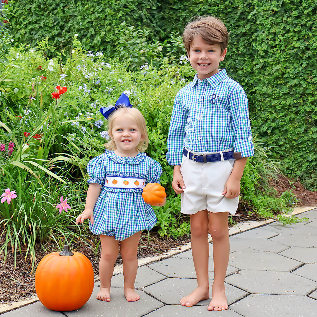 Hello Pumpkin Embroidered Blue & Green Gingham Bubble