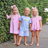 Pumpkin Hayride Blue Check Smocked Short Set