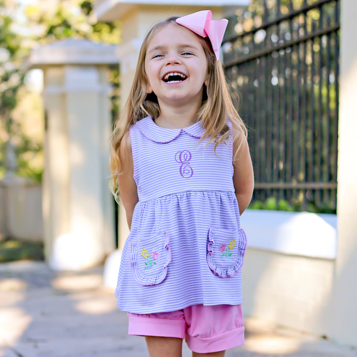 Flower Applique Purple Stripe Bloomer Shorts – Classic Whimsy Flower Applique Purple Stripe Bloomer Shorts – Classic Whimsy