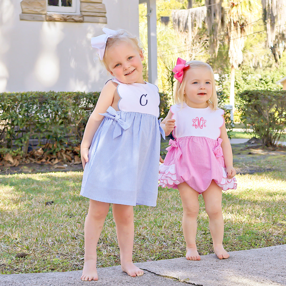 Light Blue Gingham Scalloped Bib Dress