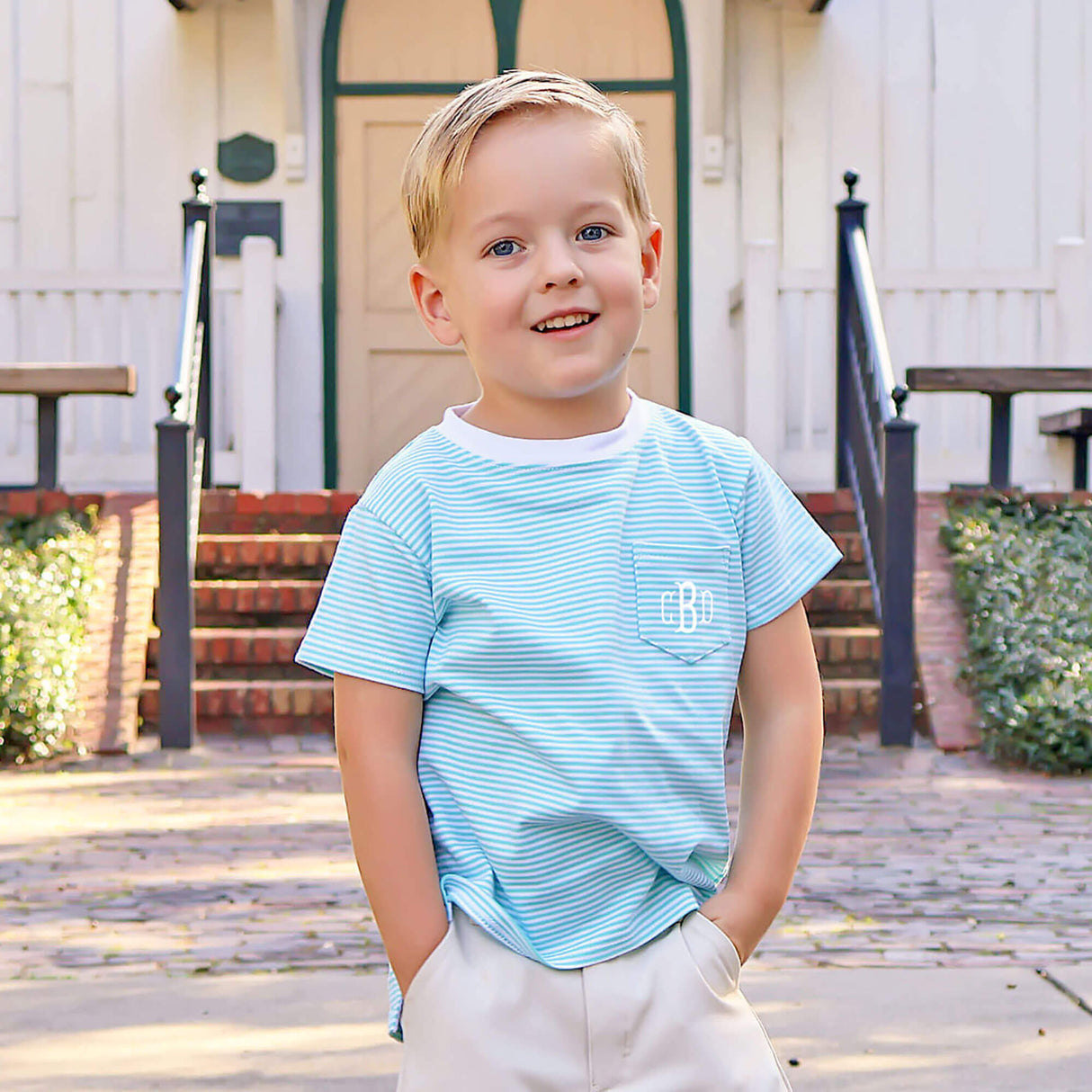Turquoise Thin Stripe Short Sleeve Pocket Shirt
