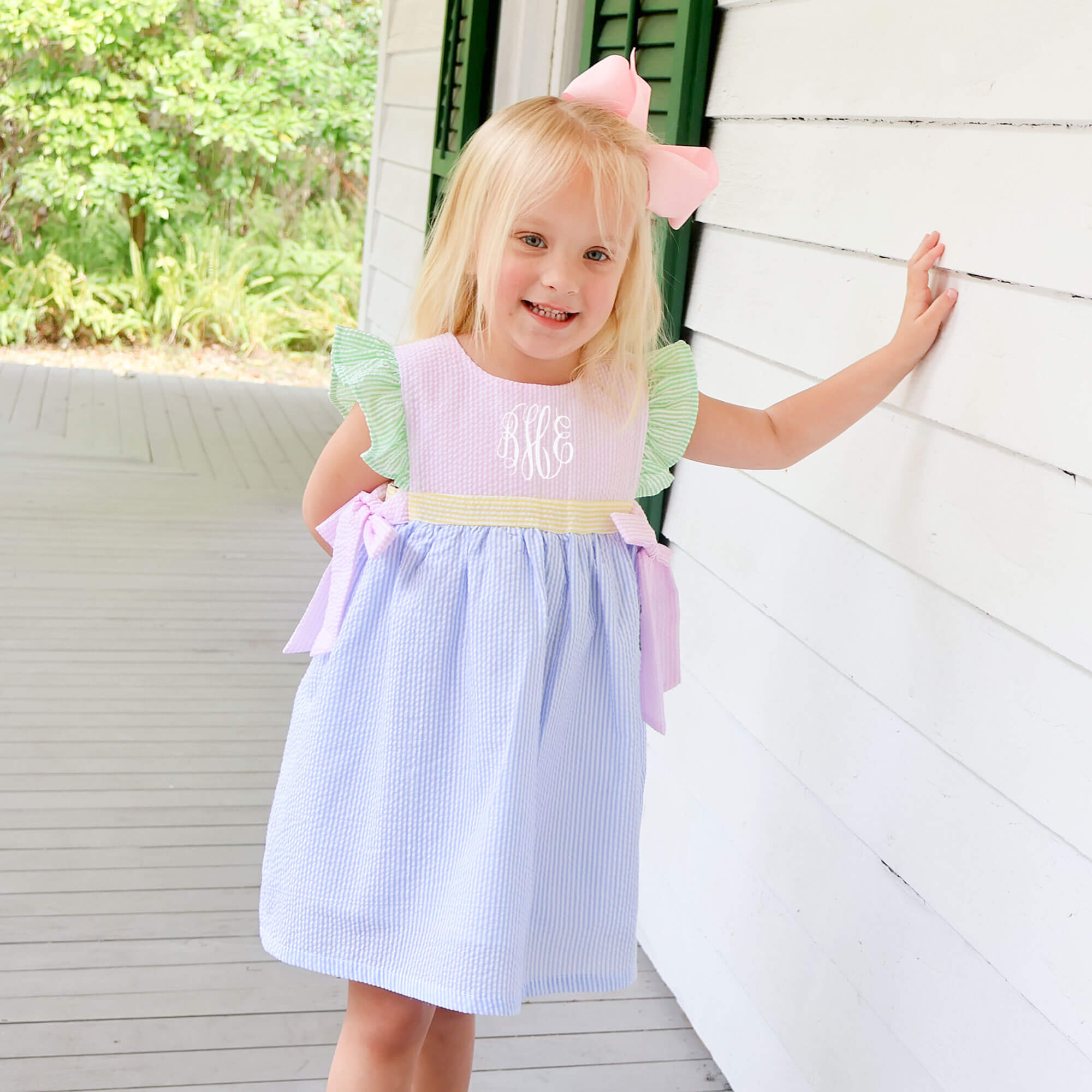 strapless open back dress Multi Stripe Seersucker Avery Dress by Classic Whimsy - Girls Dresses