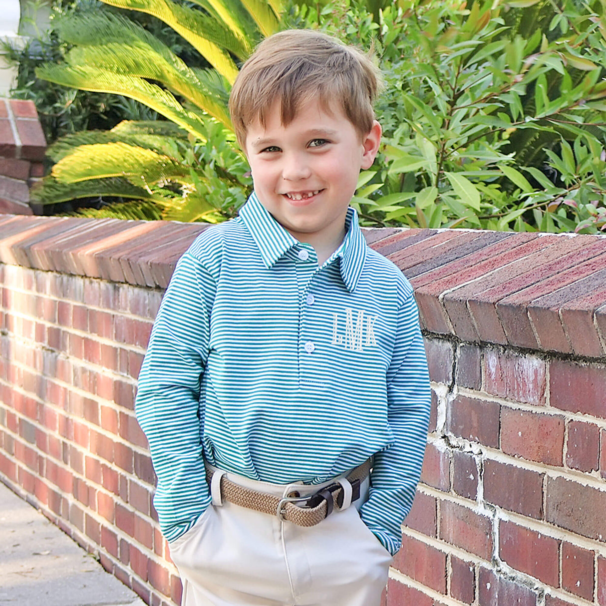 Green Stripe Long Sleeve Polo Shirt