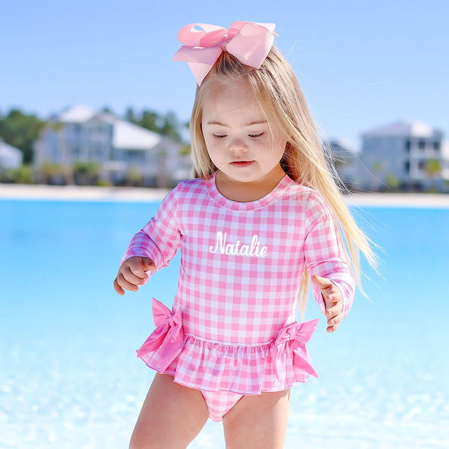 Pink Gingham Rash Guard Swimsuit – Classic Whimsy