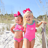 Aquamarine & Hot Pink Crinkle Two Piece Swimsuit