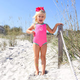 Aquamarine & Hot Pink Crinkle One Piece Swimsuit
