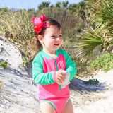 Aquamarine & Hot Pink Crinkle Rash Guard Swimsuit