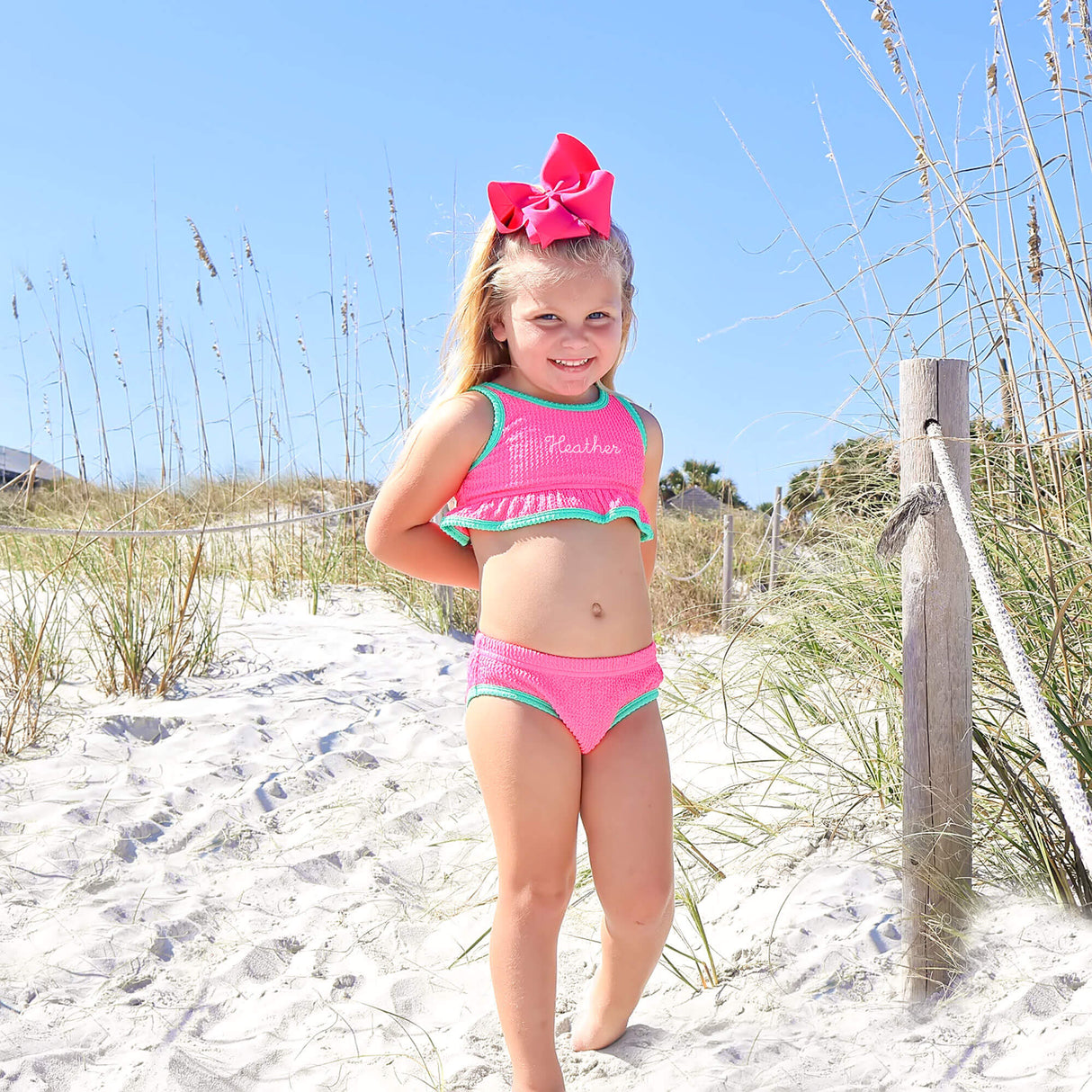 Aquamarine & Hot Pink Crinkle Two Piece Swimsuit
