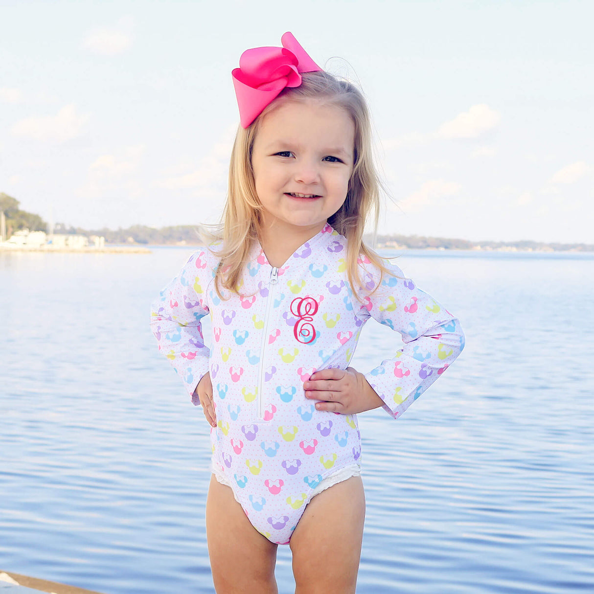 Pastel Mouse Ears Print Rash Guard Swimsuit