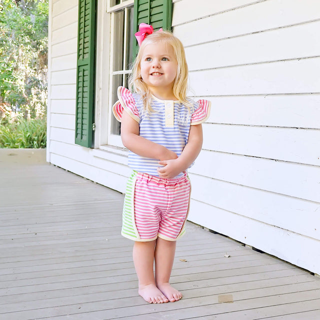 Jade Colorblock Pink Green Yellow And Blue Stripe Button Down Short Set – Classic Whimsy
