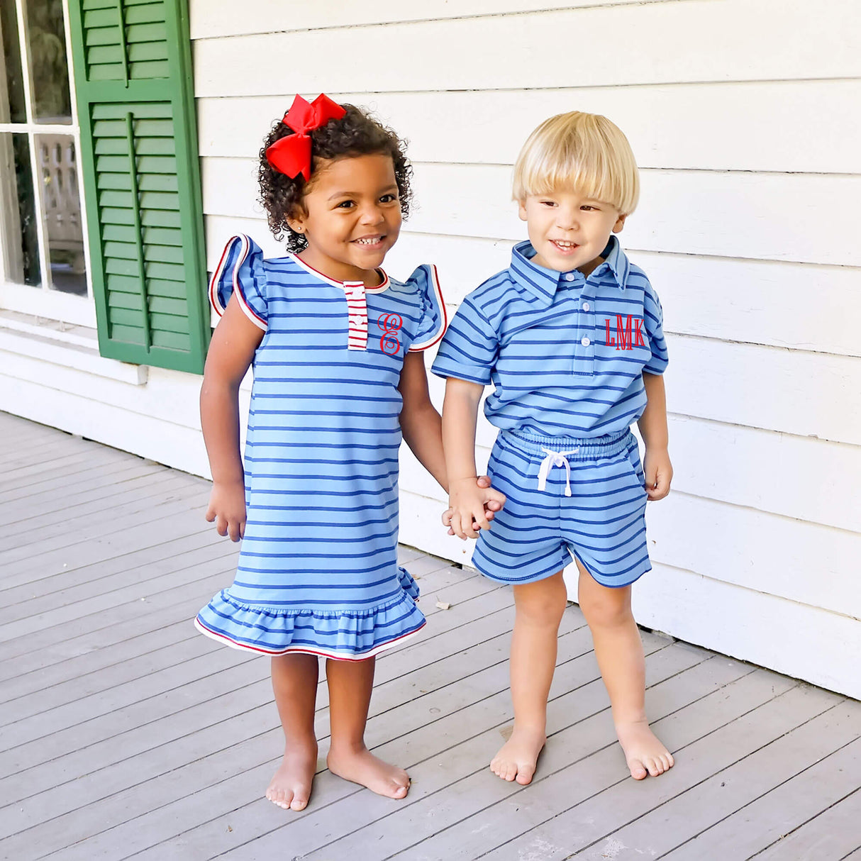 Blue And Navy Stripe Terry Polo Short Set