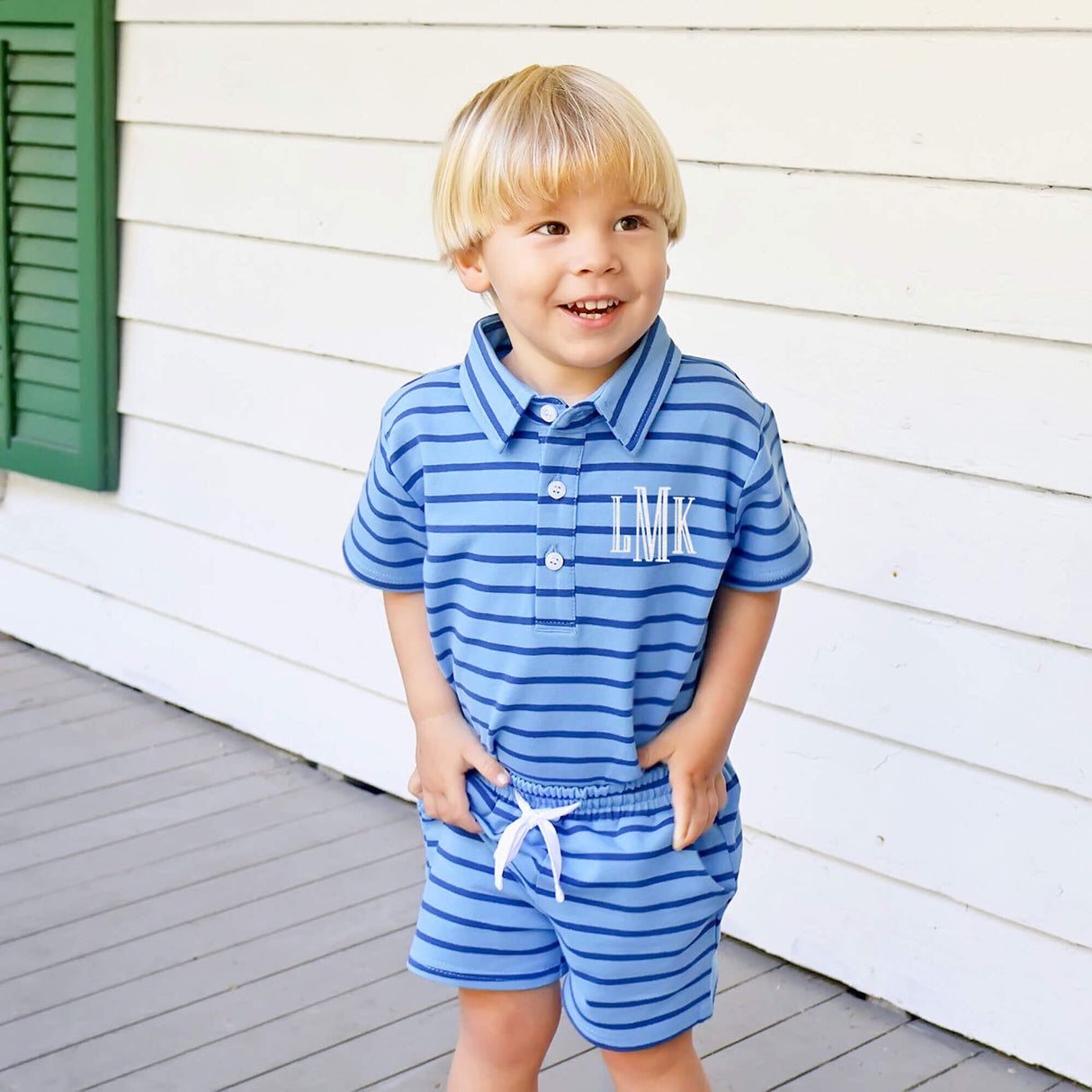 Blue And Navy Stripe Terry Polo Short Set