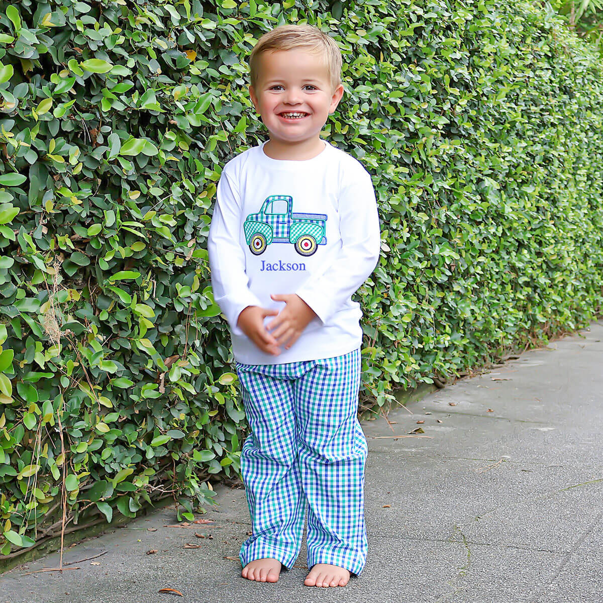 Truck Applique Blue & Green Gingham Pant Set