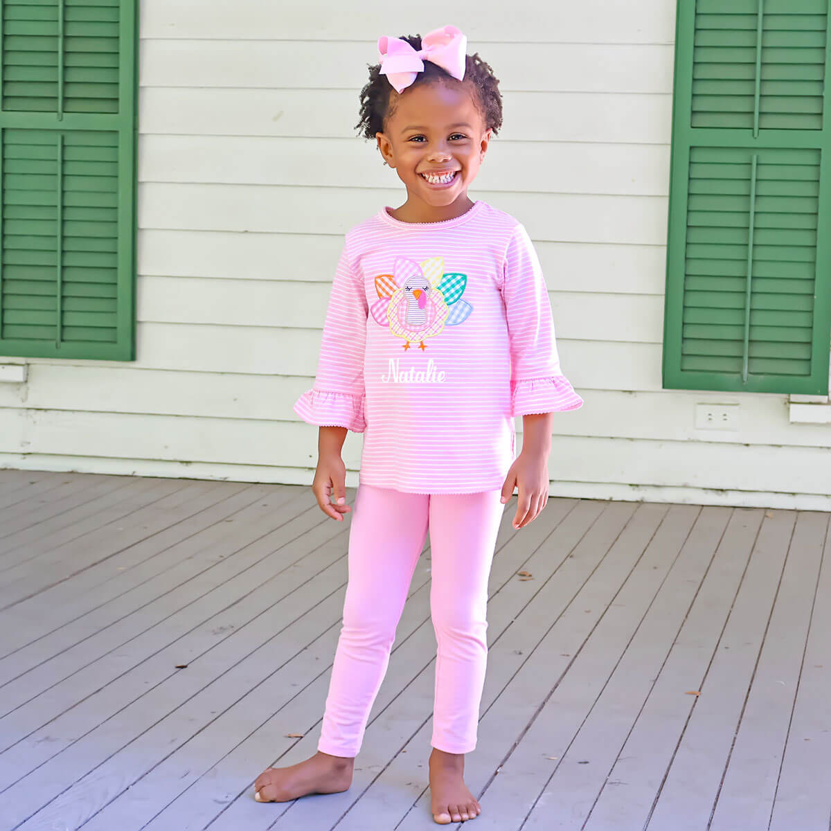 Turkey Applique Pink Stripe Milly Legging Set