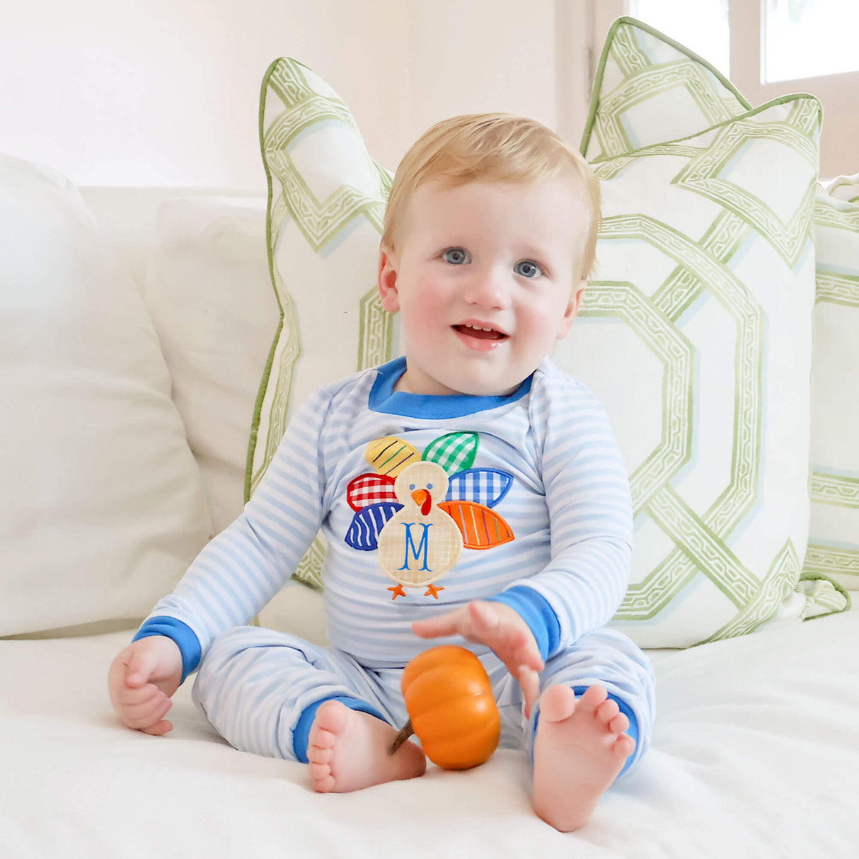 Colorful Turkey Light Blue Stripe Pajamas