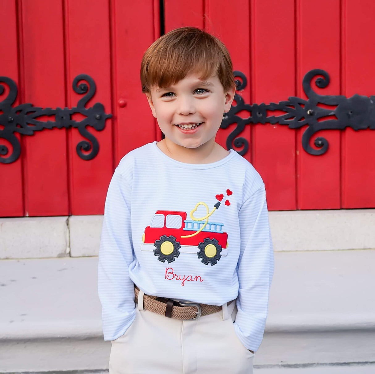 Heart Firetruck Light Blue Stripe Long Sleeve Shirt