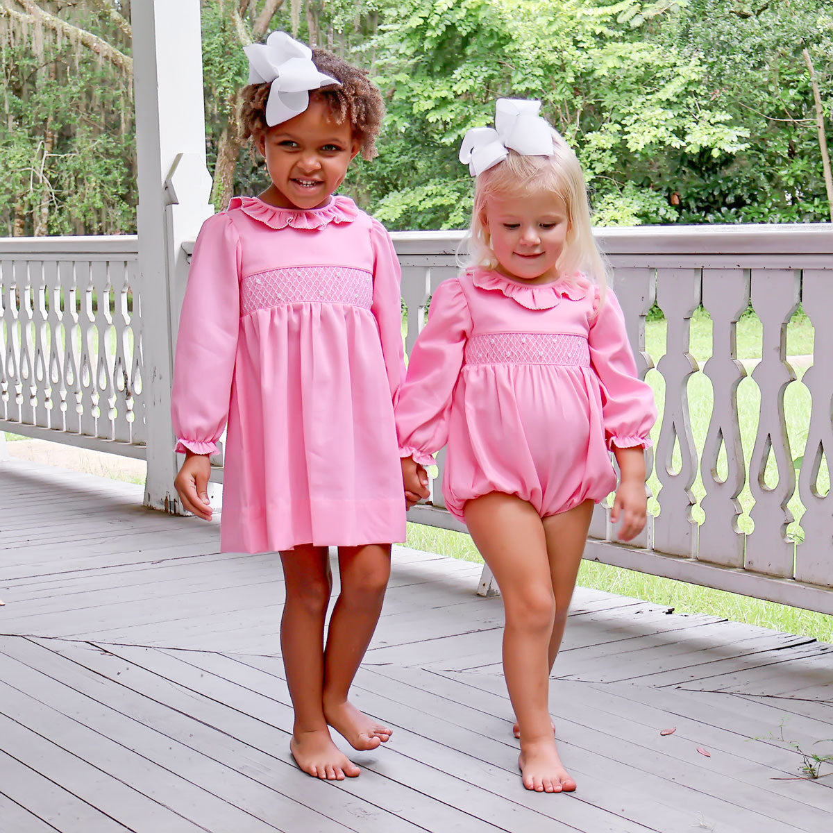 Solid Pink Pique Geo Smocked Scalloped Collar Bubble