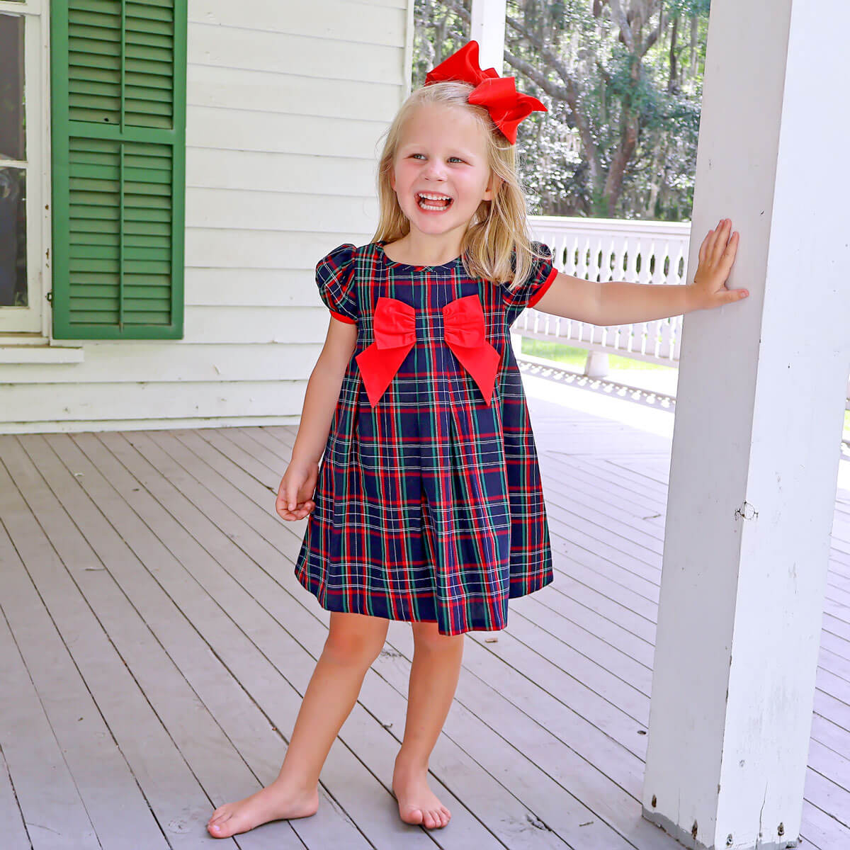 Royal Red And Green Plaid Center Front Bow Dress – Classic Whimsy