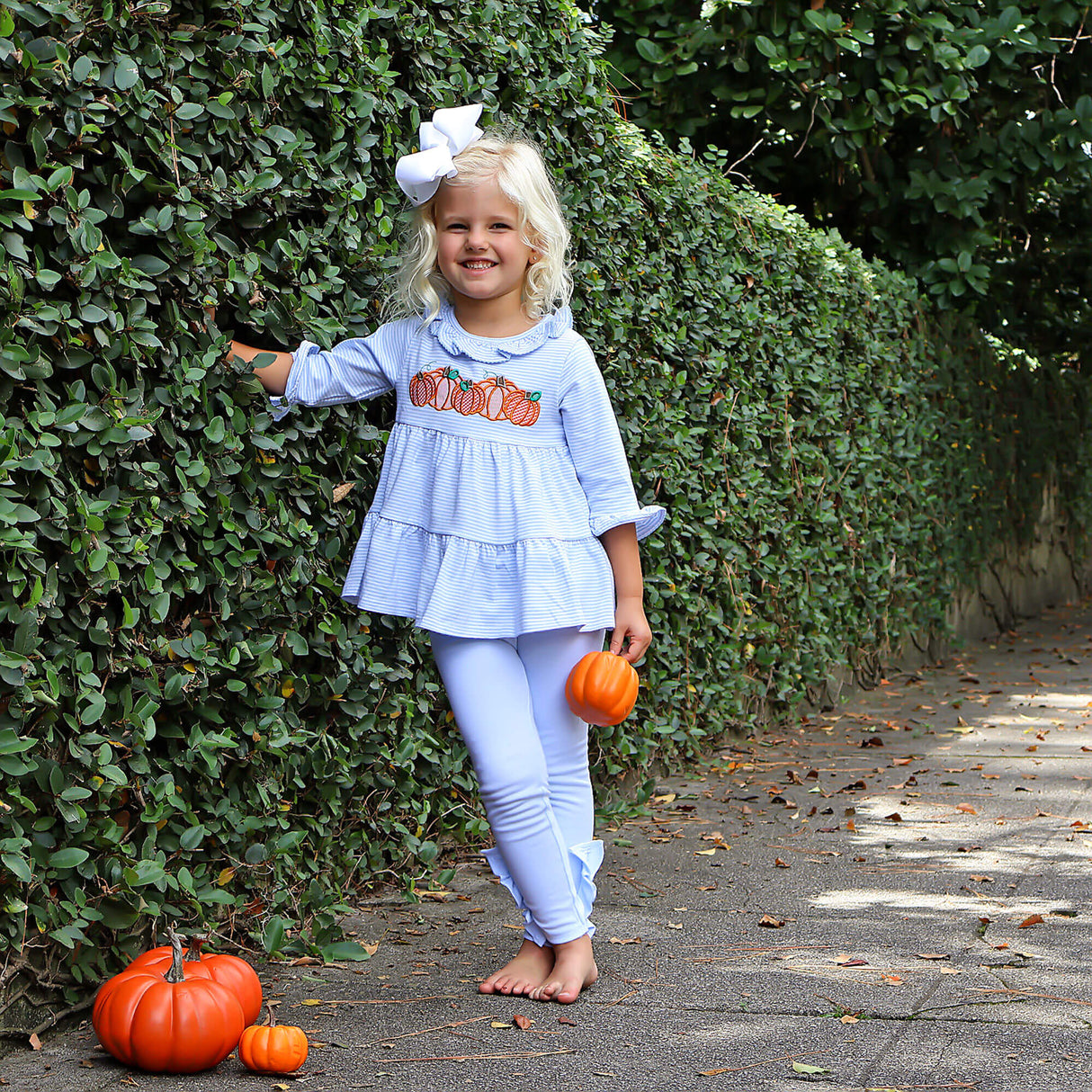Pumpkin Cluster Light Blue Stripe Callie Legging Set