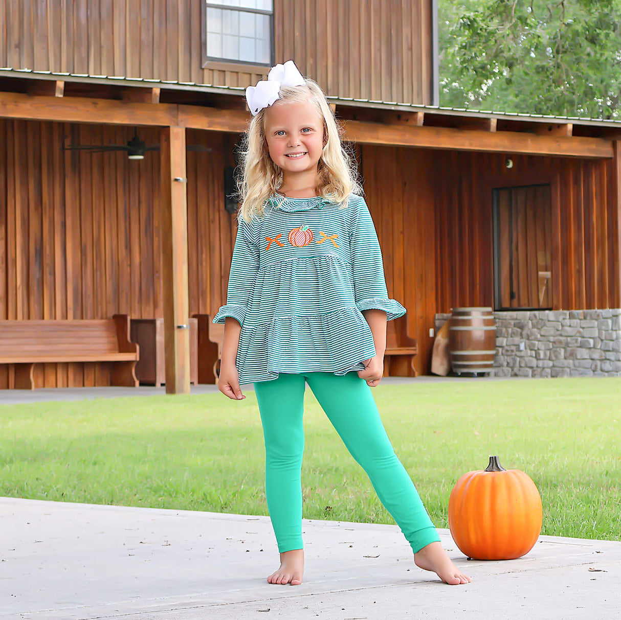 Pumpkin Bows Green Stripe Callie Legging Set
