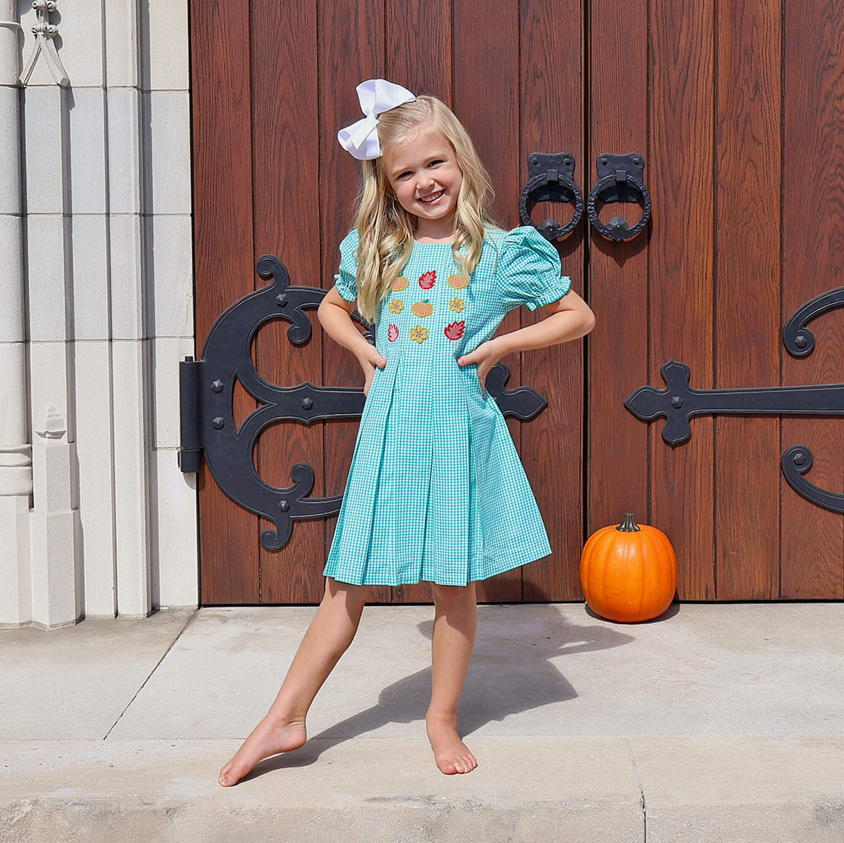 Pumpkin Blossom Green Gingham Dress