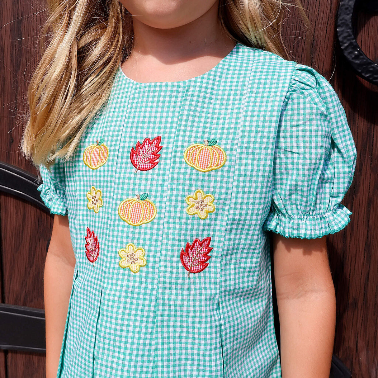 Pumpkin Blossom Green Gingham Dress