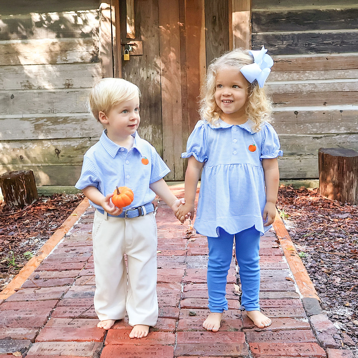 Pumpkin Embroidered Light Blue Stripe Ruth Legging Set