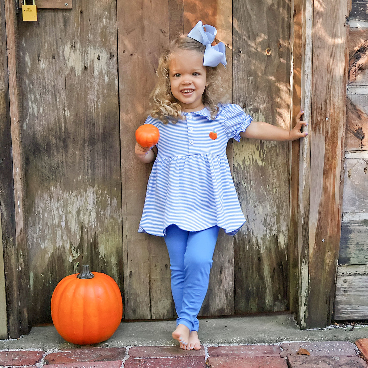 Pumpkin Embroidered Light Blue Stripe Ruth Legging Set