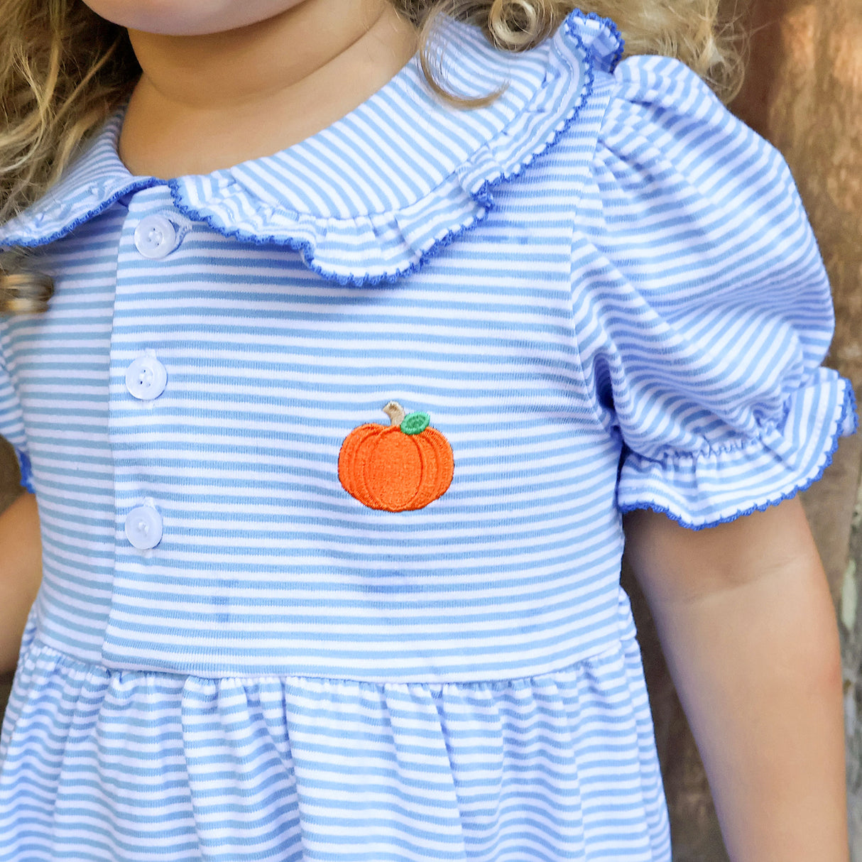 Pumpkin Embroidered Light Blue Stripe Ruth Legging Set