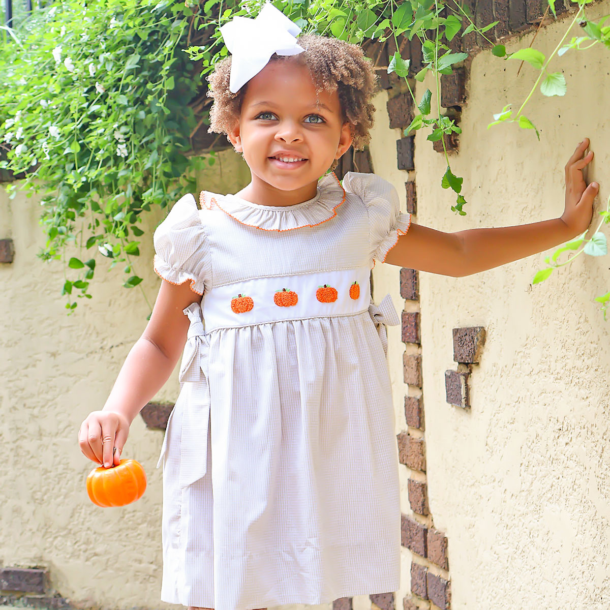 Pumpkin French Knot Tan Gingham Beverly Dress – Classic Whimsy
