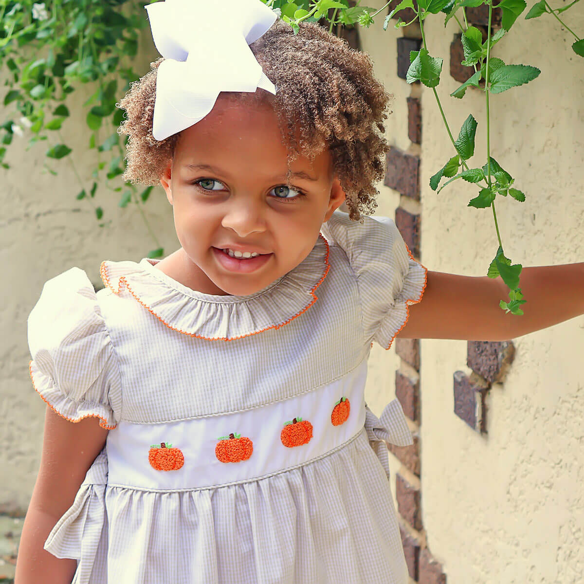 Pumpkin French Knot Tan Gingham Beverly Dress