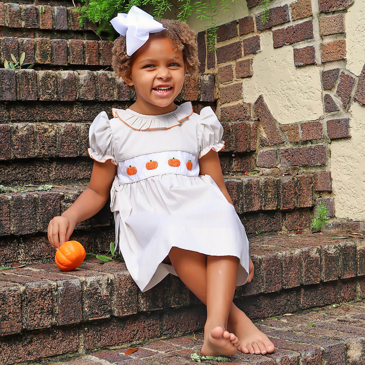 Pumpkin French Knot Tan Gingham Beverly Dress by Classic Whimsy - Girls Dresses