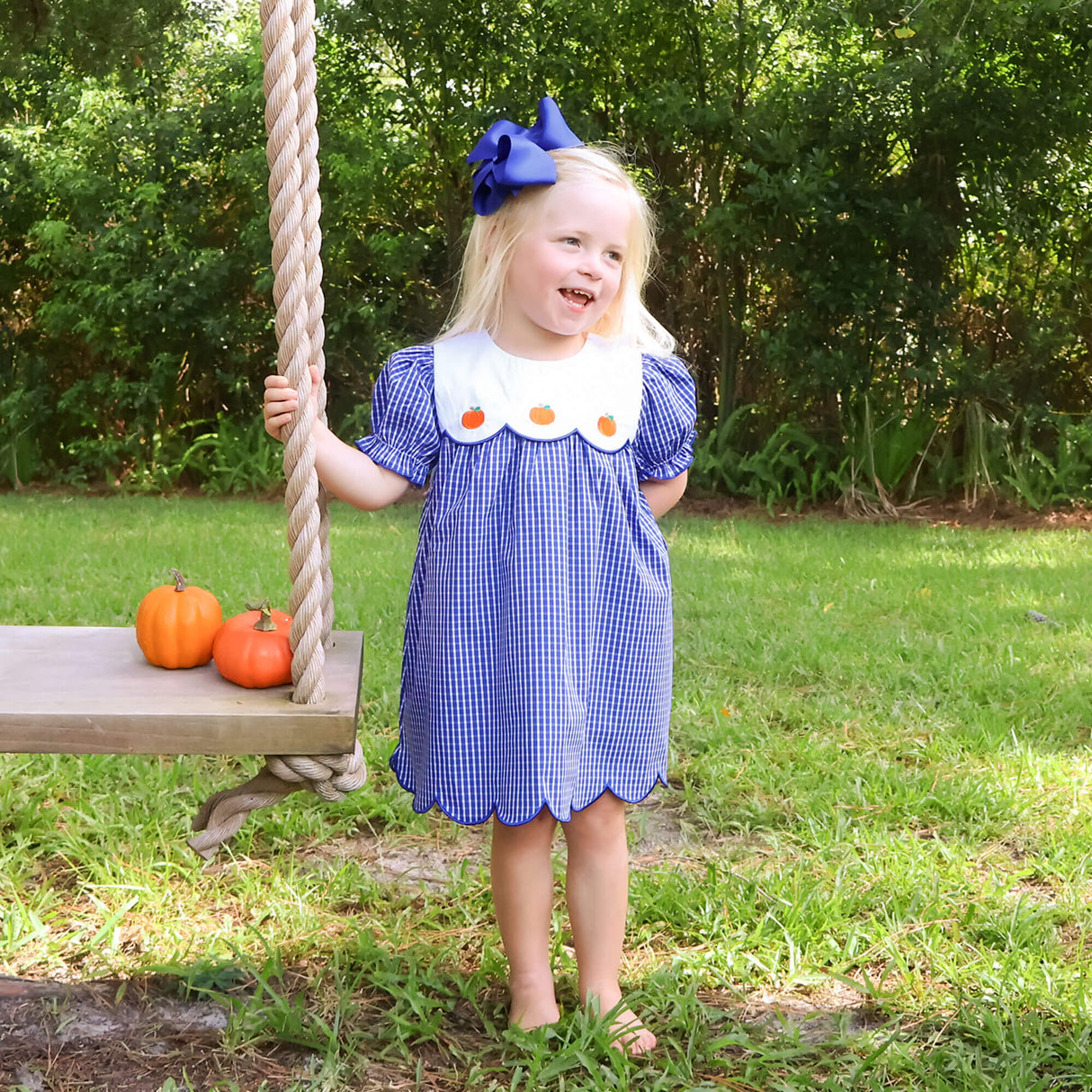 Adorable Pumpkin Royal Blue Windowpane Amelia Dress