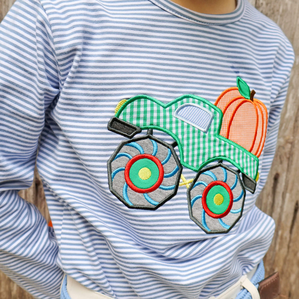 Pumpkin Truck Blue Stripe Long Sleeve Shirt
