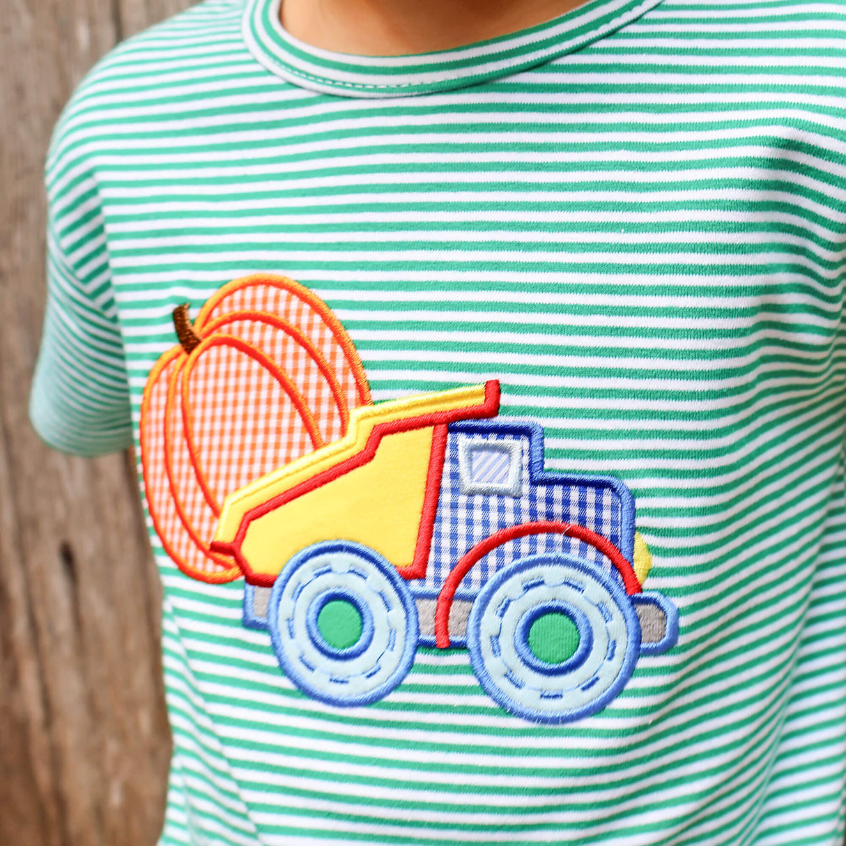 Pumpkin Dump Truck Green Stripe Short Sleeve Shirt
