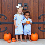 Pumpkin Schiffli Light Blue Gingham Polo Romper