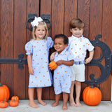 Pumpkin Schiffli Light Blue Gingham Polo Romper