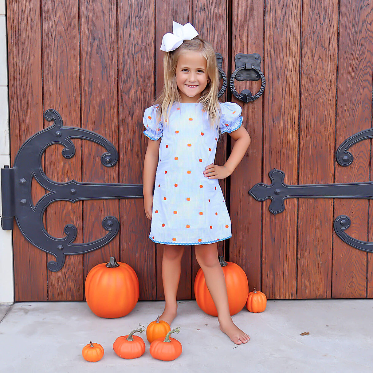 Pumpkin Schiffli Light Blue Gingham Eleanor Dress
