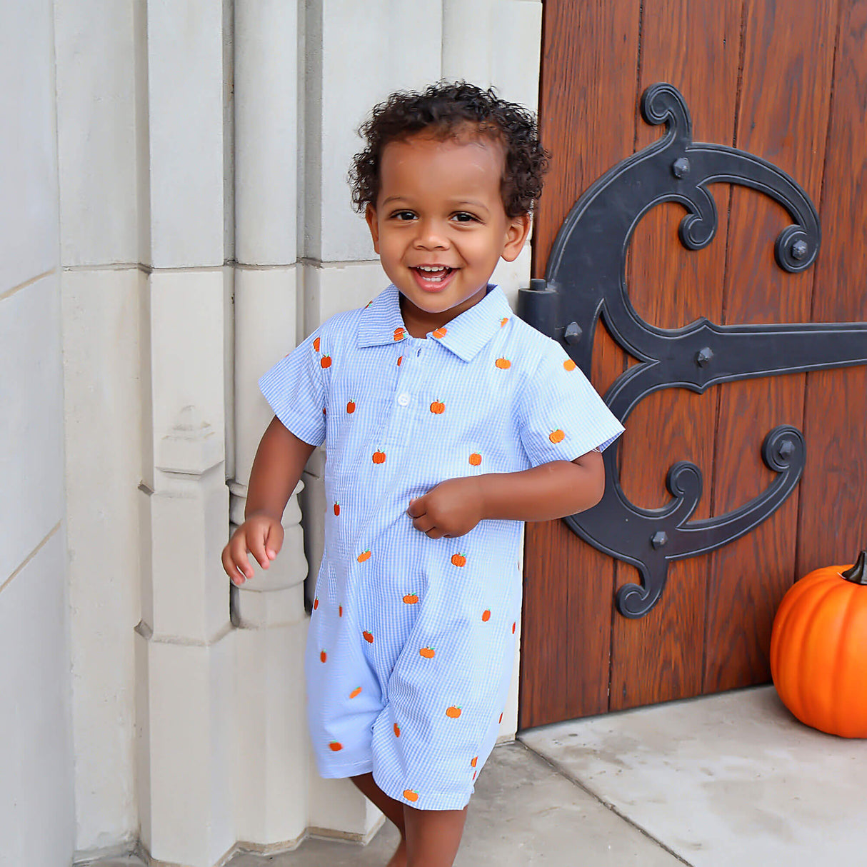 Pumpkin Schiffli Light Blue Gingham Polo Romper
