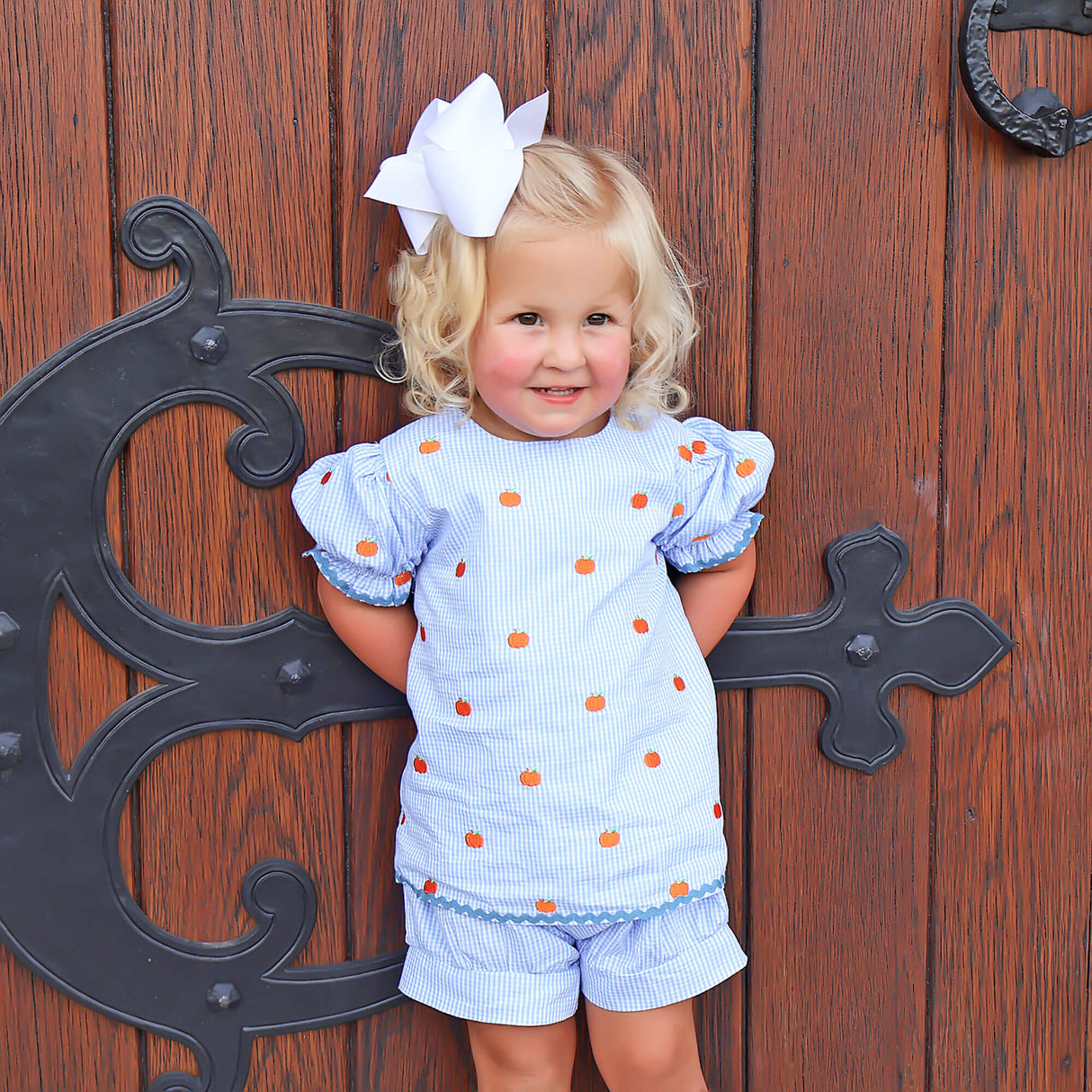 Pumpkin Schiffli Light Blue Gingham Eleanor Short Set